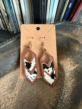 Rock & Vibe Wooden Chevron Western Cow Print Dangle Earrings Boho Hippie